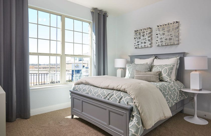Bedroom-with-view-Las-Vegas-37 Gray and white bedroom with views of the Las Vegas strip seen out of the window