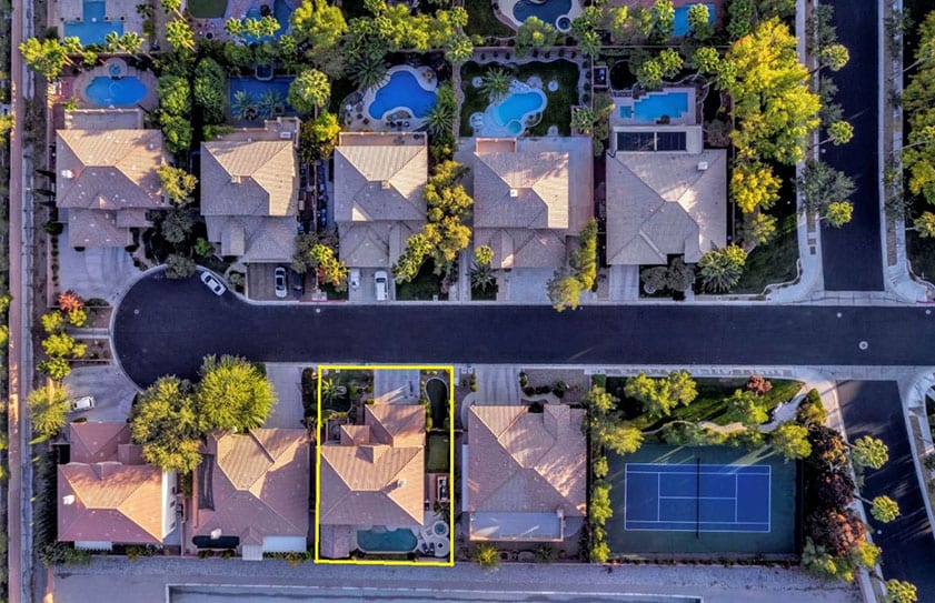 Drone-photo-looking-down-Las-Vegas-5 Drone photo of a property from directly above with yellow lines added to show property boundaries